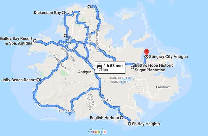 Mappa di Antigua delle città visitate con i percorsi, vista da Google