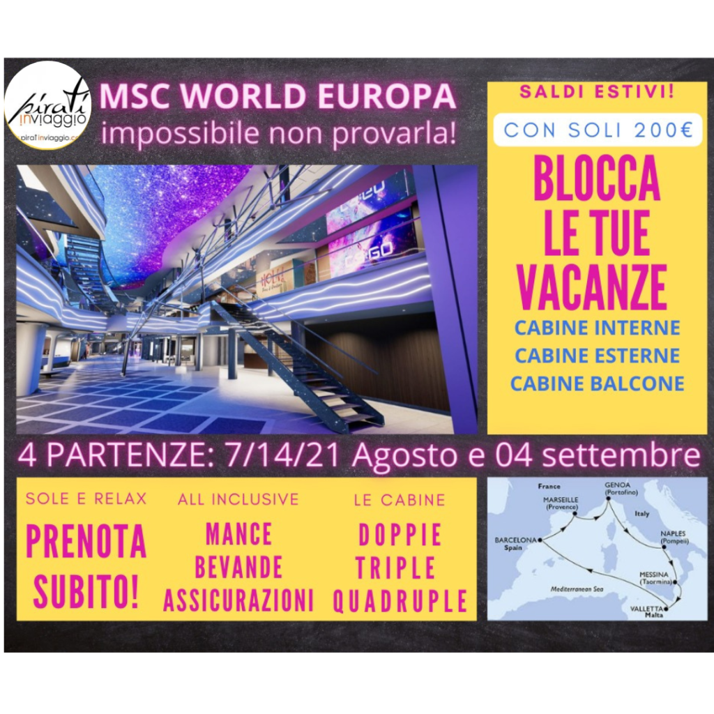 MSC SEASHORE AGOSTO 2023 PARTENZA DA NAPOLI CON PIRATINVIAGGIO.COM